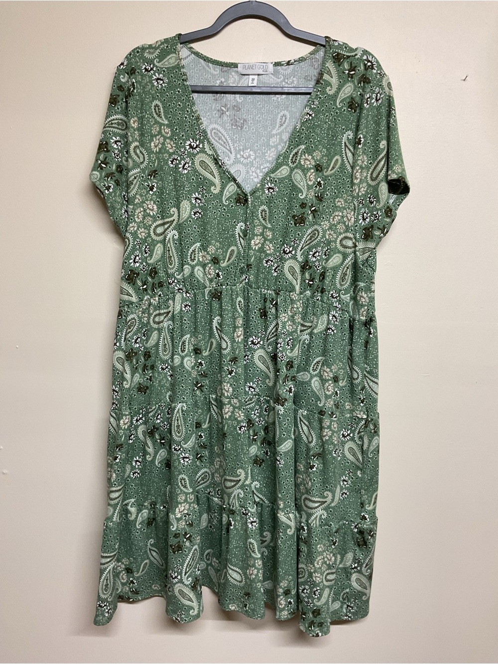 Planet Gold Sage Green Paisley Tiered V-Neck Midi Dress